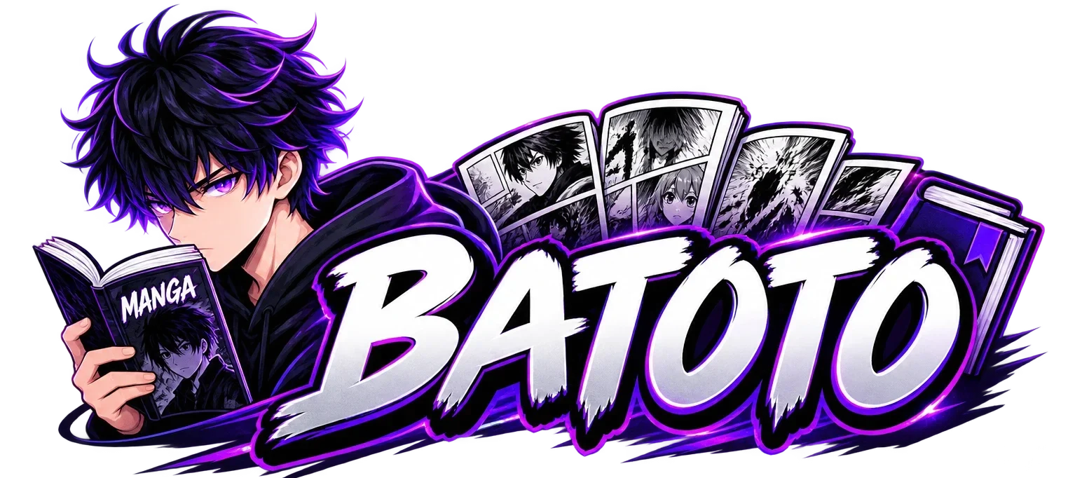 Batoto APK logo with bold purple and white lettering, an anime character reading manga, and manga panels in the background.